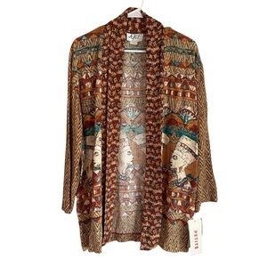 Vintage Nefertiti Egyptian Printed Cardigan Top Neutral Multi Color Sz Small